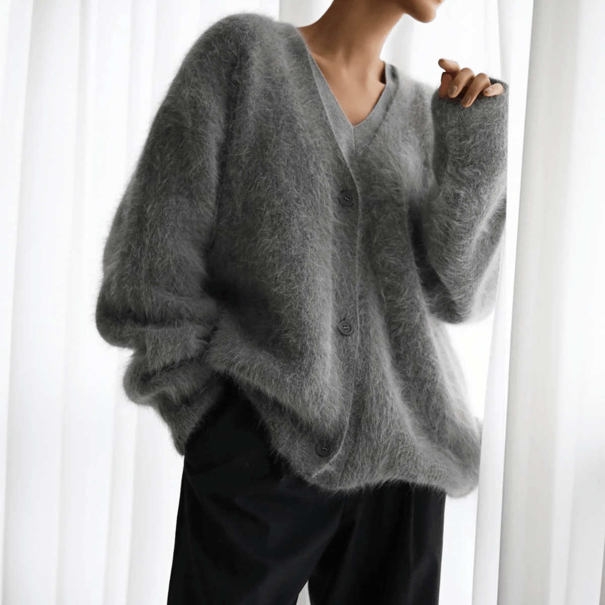 Black Oversized Deep V-Neck Cardigan for Women – Soft Knit, Relaxed Fit Layering Piece 3