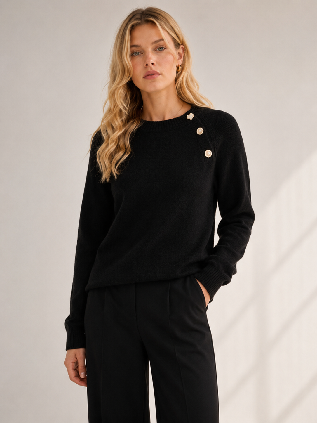 Crew Neck Knit Sweater with Diagonal Button Detail – Regular Fit for Autumn/Winter 2