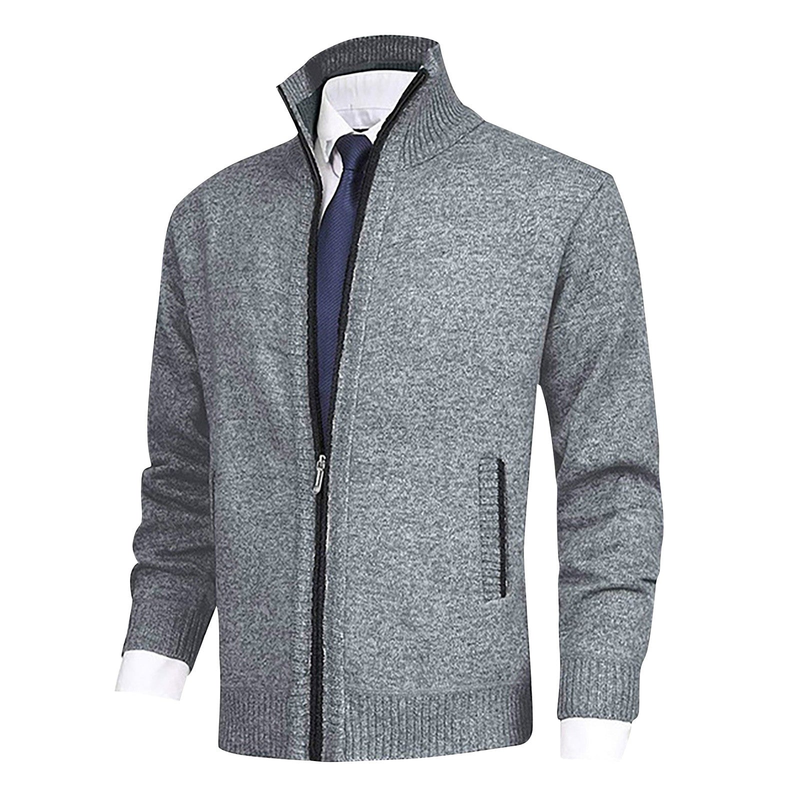 Men's Cardigan Sweater Zip-Up with Stand Collar – Ribbed Hem and Pockets for Casual Wear 1