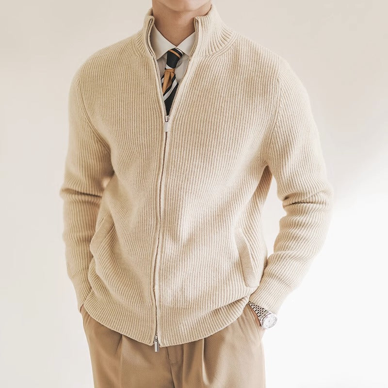 Men's Cardigan Sweater – Slim Fit with Stand Collar and Zipper Front, Ribbed Knit Design 0