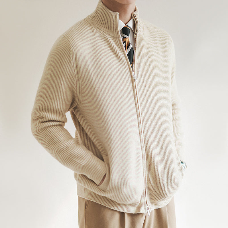 Men's Cardigan Sweater – Slim Fit with Stand Collar and Zipper Front, Ribbed Knit Design 1