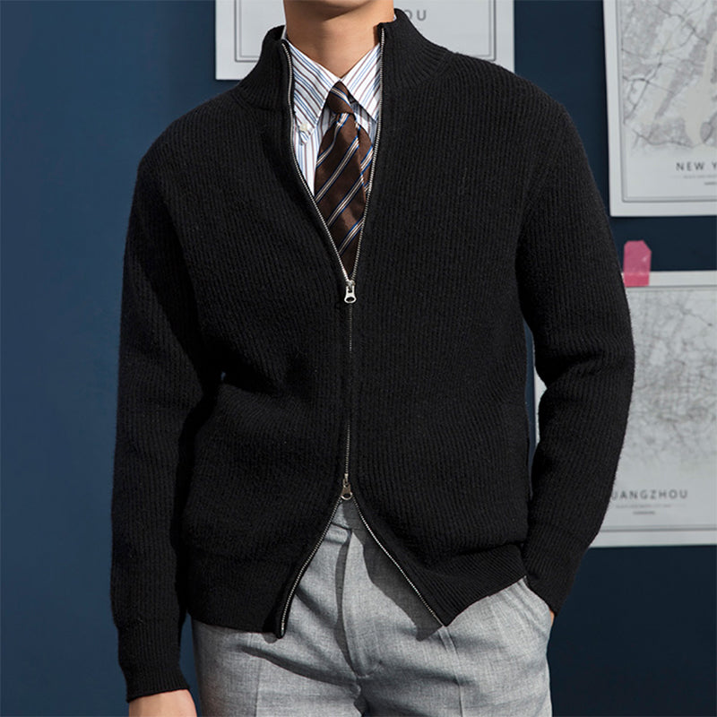 Men's Cardigan Sweater – Slim Fit with Stand Collar and Zipper Front, Ribbed Knit Design 3