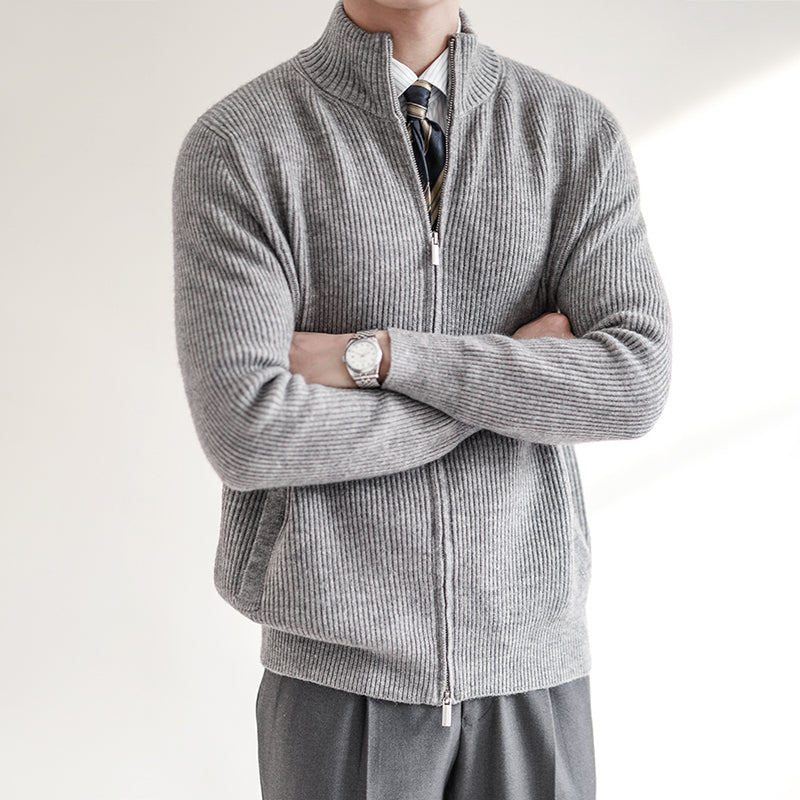 Men's Cardigan Sweater – Slim Fit with Stand Collar and Zipper Front, Ribbed Knit Design 4