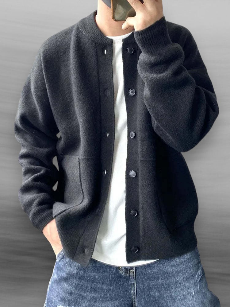 Men's Casual Button-Up Cardigan – Bomber Collar with Front Pockets 0