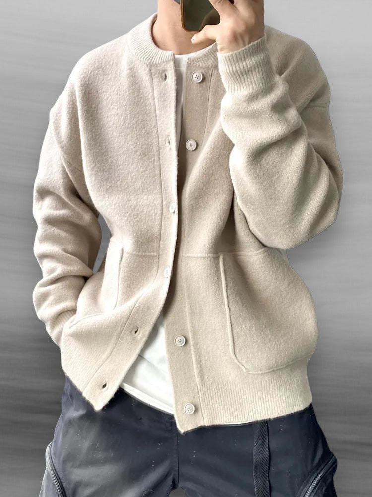 Men's Casual Button-Up Cardigan – Bomber Collar with Front Pockets 1