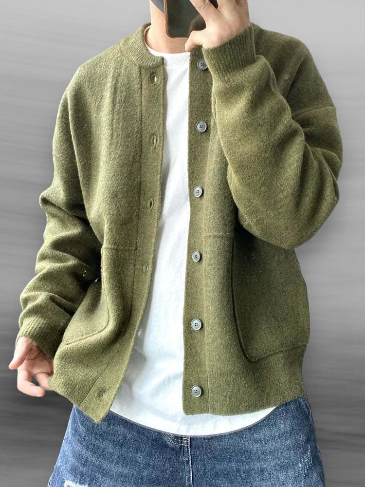 Men's Casual Button-Up Cardigan – Bomber Collar with Front Pockets 2