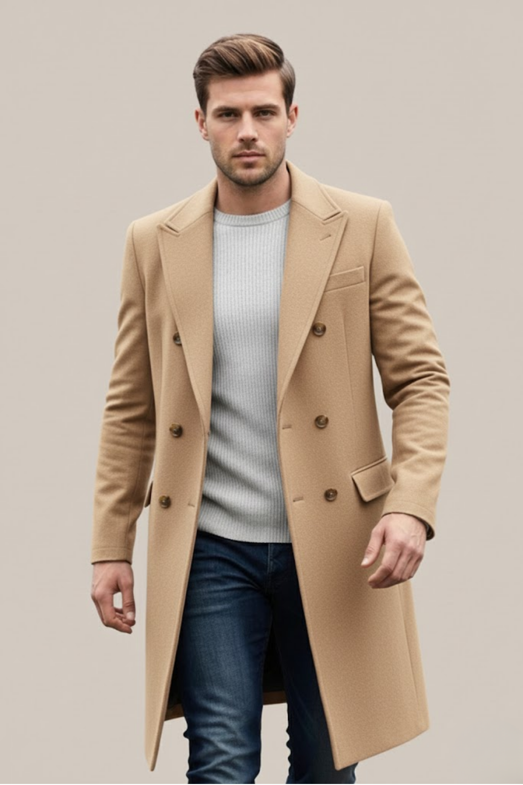 Men's Double-Breasted Long Coat – Tailored Fit with Structured Lapels for Smart Casual and Formal Wear 4