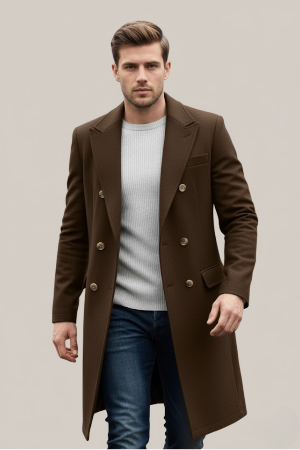 Men's Double-Breasted Long Coat – Tailored Fit with Structured Lapels for Smart Casual and Formal Wear 5