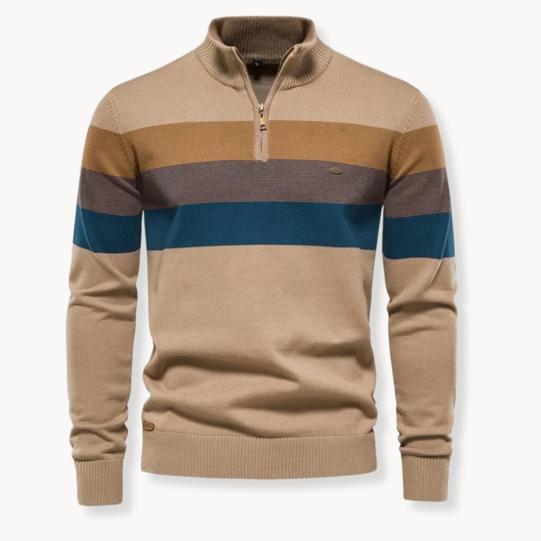 Men's Jumper with Quarter-Zip – Slim Fit Striped Knitwear for Autumn and Winter 9