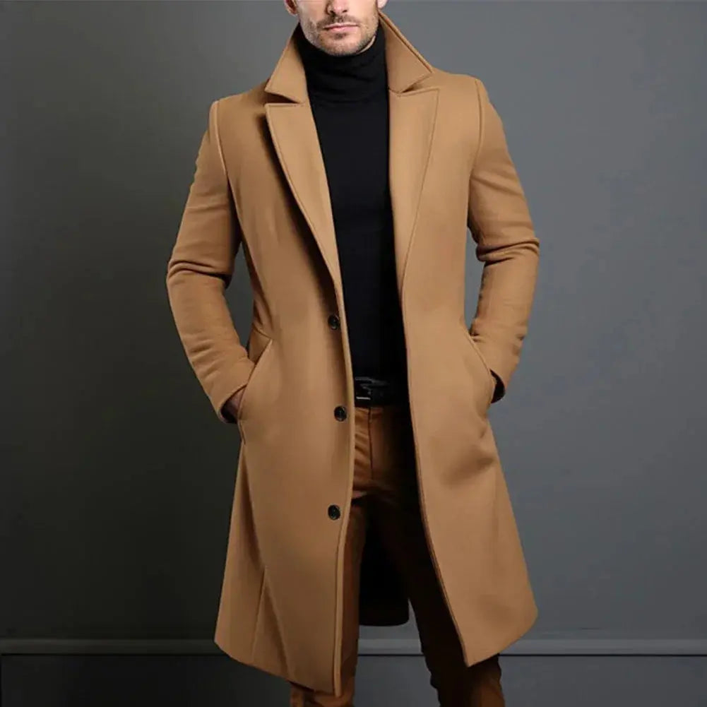 Men's Long Overcoat – Slim Fit Wool Coat with Notched Lapel for Winter Formal and Casual Wear 0