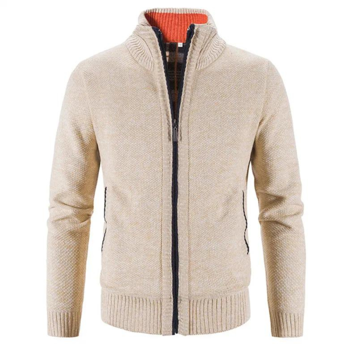 Men's Zip-Up Cardigan with Mock Neck – Knitted Texture and Contrast Trim 1