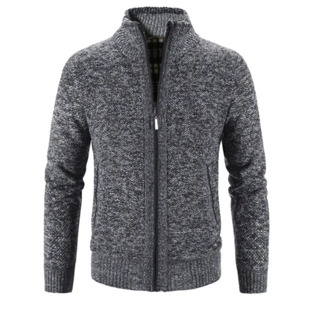 Men's Zip-Up Cardigan with Mock Neck – Knitted Texture and Contrast Trim 3