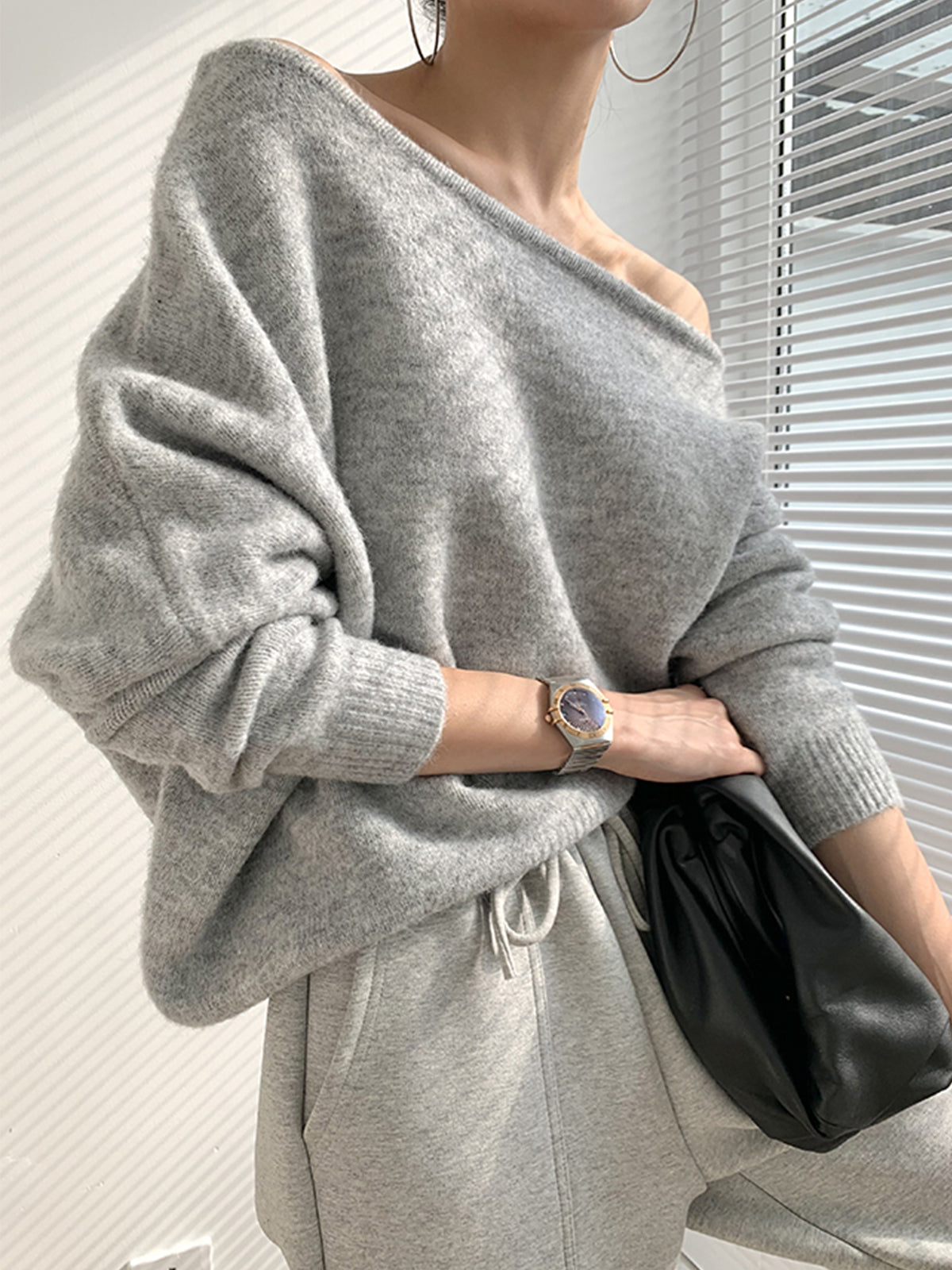 One Shoulder Asymmetric Knit Sweater – Long Sleeve, Comfortable Fit for Casual Wear 0