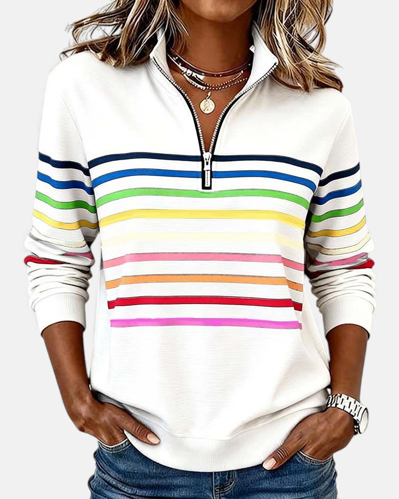 Rainbow Striped Zip Sweatshirt for Women – Relaxed Fit for Casual Wear and Layering 2