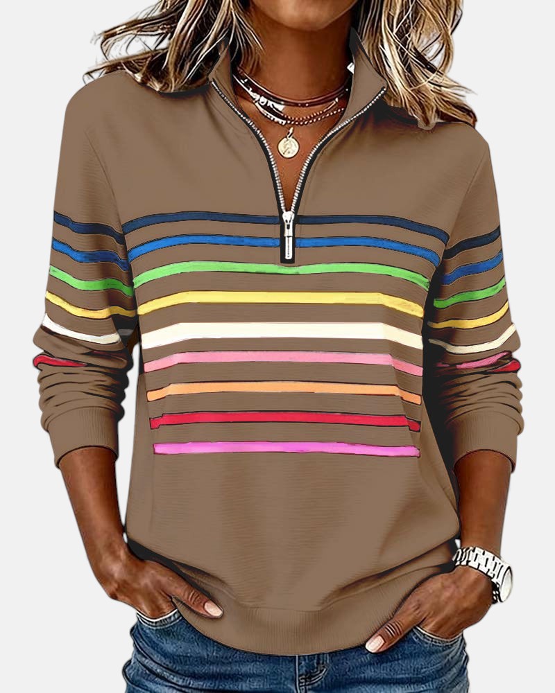 Rainbow Striped Zip Sweatshirt for Women – Relaxed Fit for Casual Wear and Layering 4