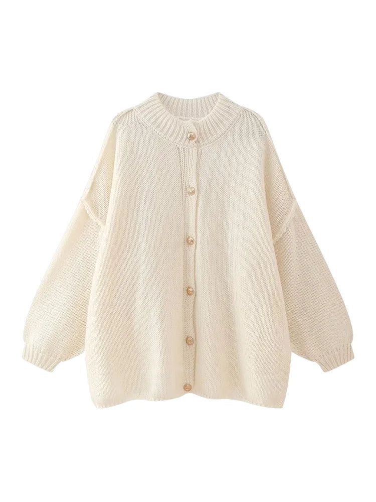 Women's Bat Sleeve Cardigan – Button Front with Ribbed Neckline and Cuffs 0