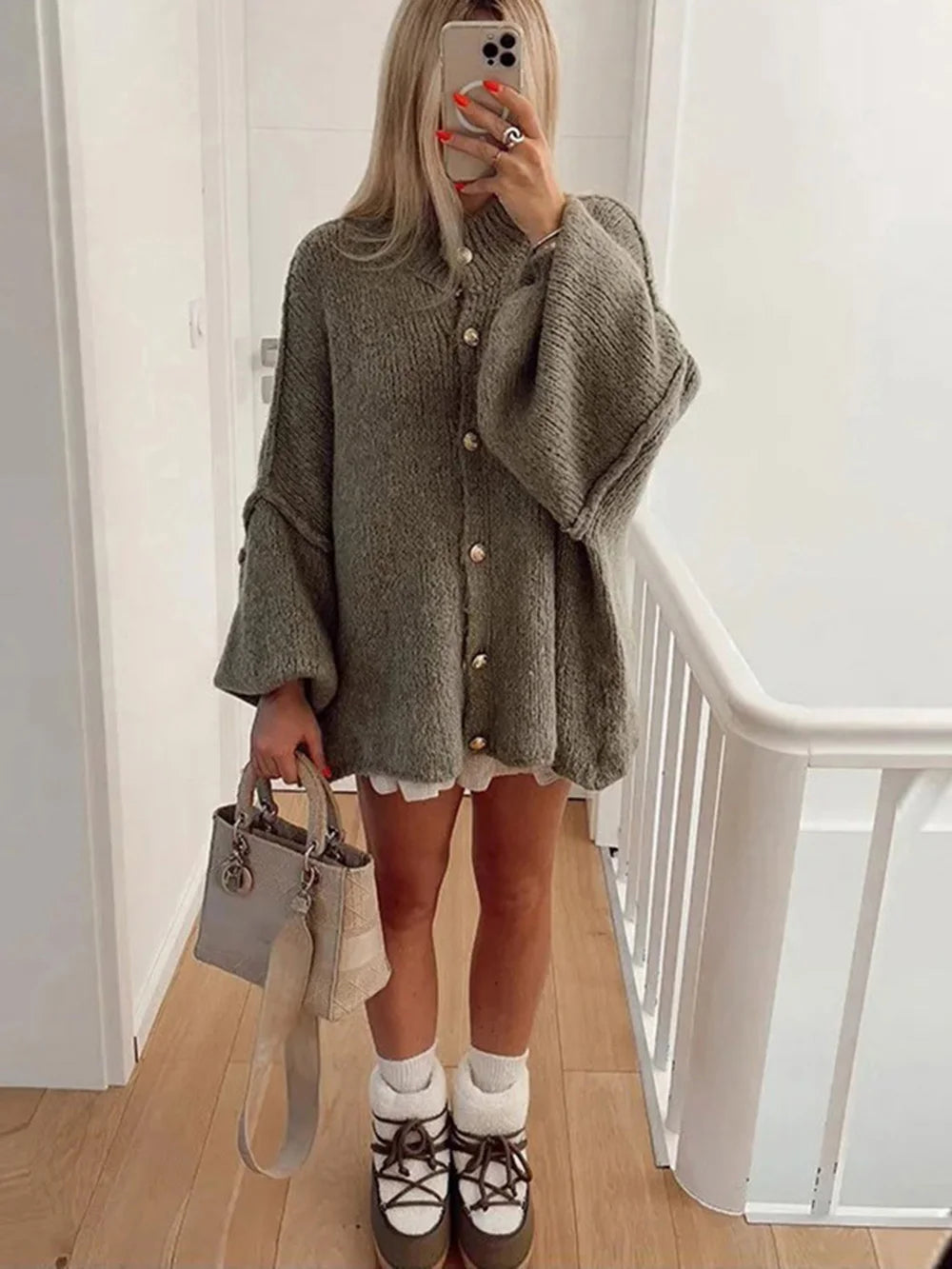 Women's Bat Sleeve Cardigan – Button Front with Ribbed Neckline and Cuffs 3