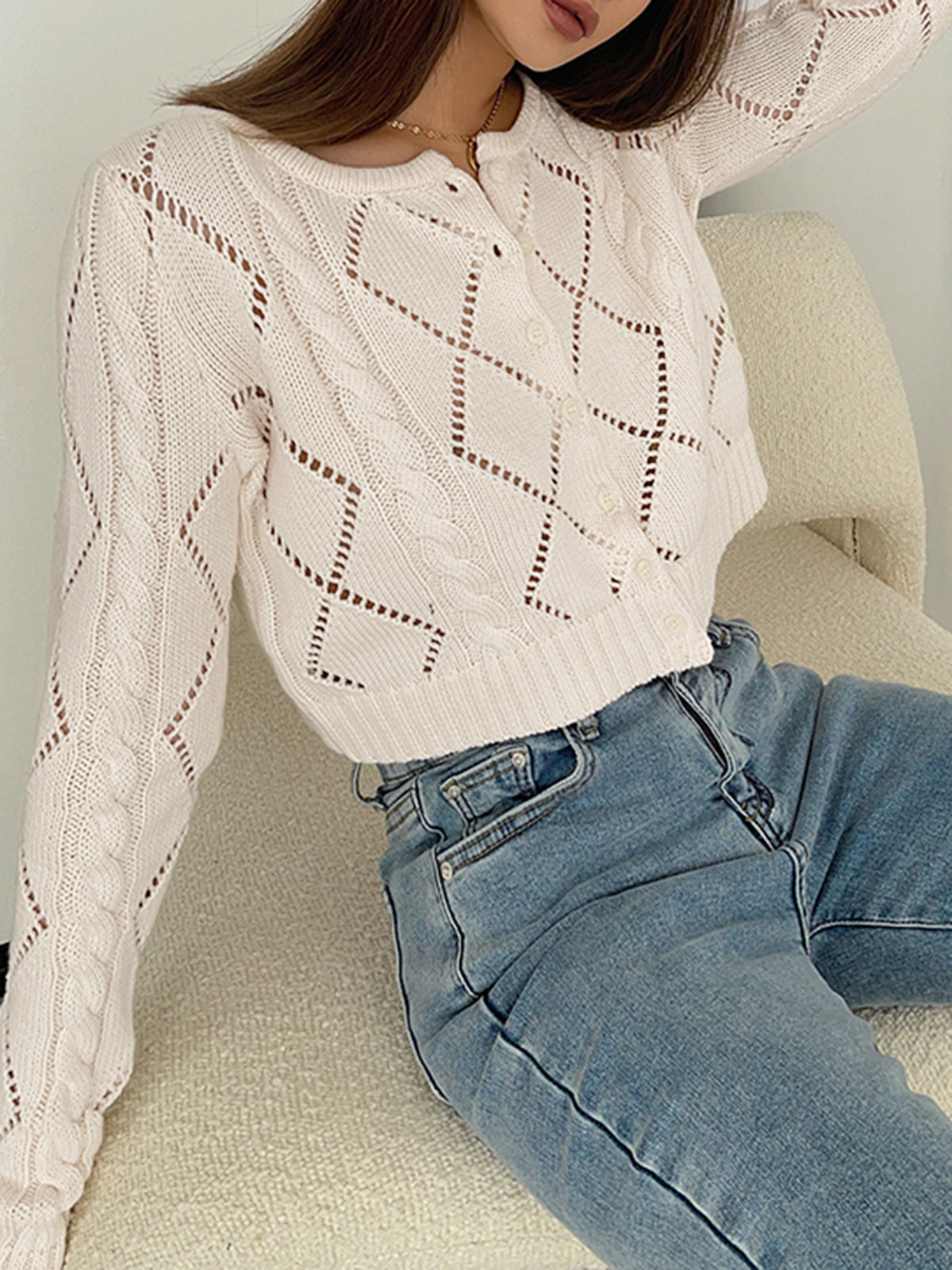 Women's Blouse with Diamond Eyelet Design – Relaxed Fit Button-Up Top for Casual Wear 0