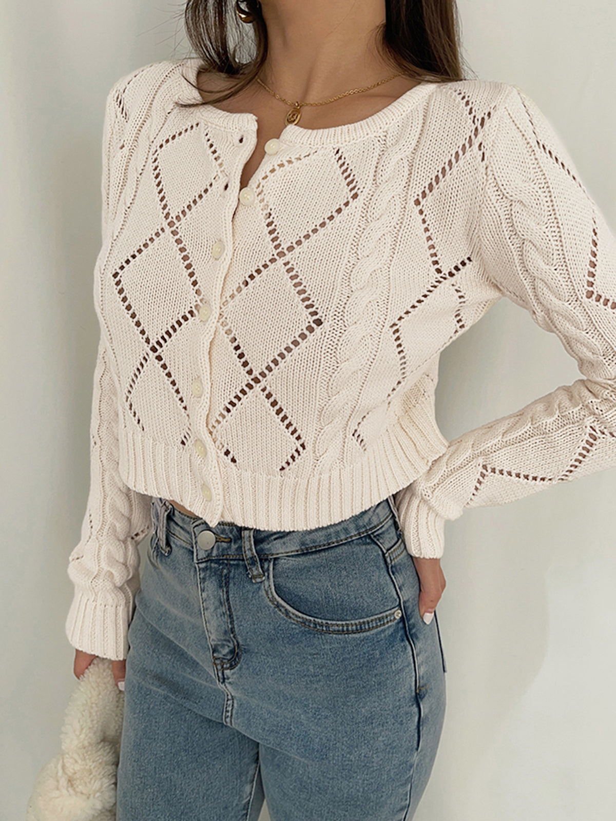 Women's Blouse with Diamond Eyelet Design – Relaxed Fit Button-Up Top for Casual Wear 2