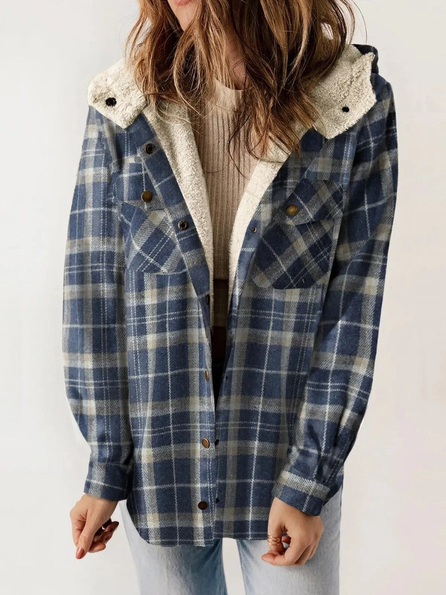 Women's Hooded Plaid Jacket – Cozy Design with Button Closure for Autumn 3