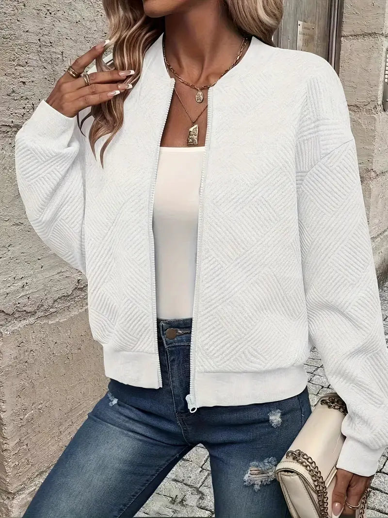 Women's Long Textured Zip-Up Cardigan – Casual Wear with Ribbed Hem and Long Sleeves 2