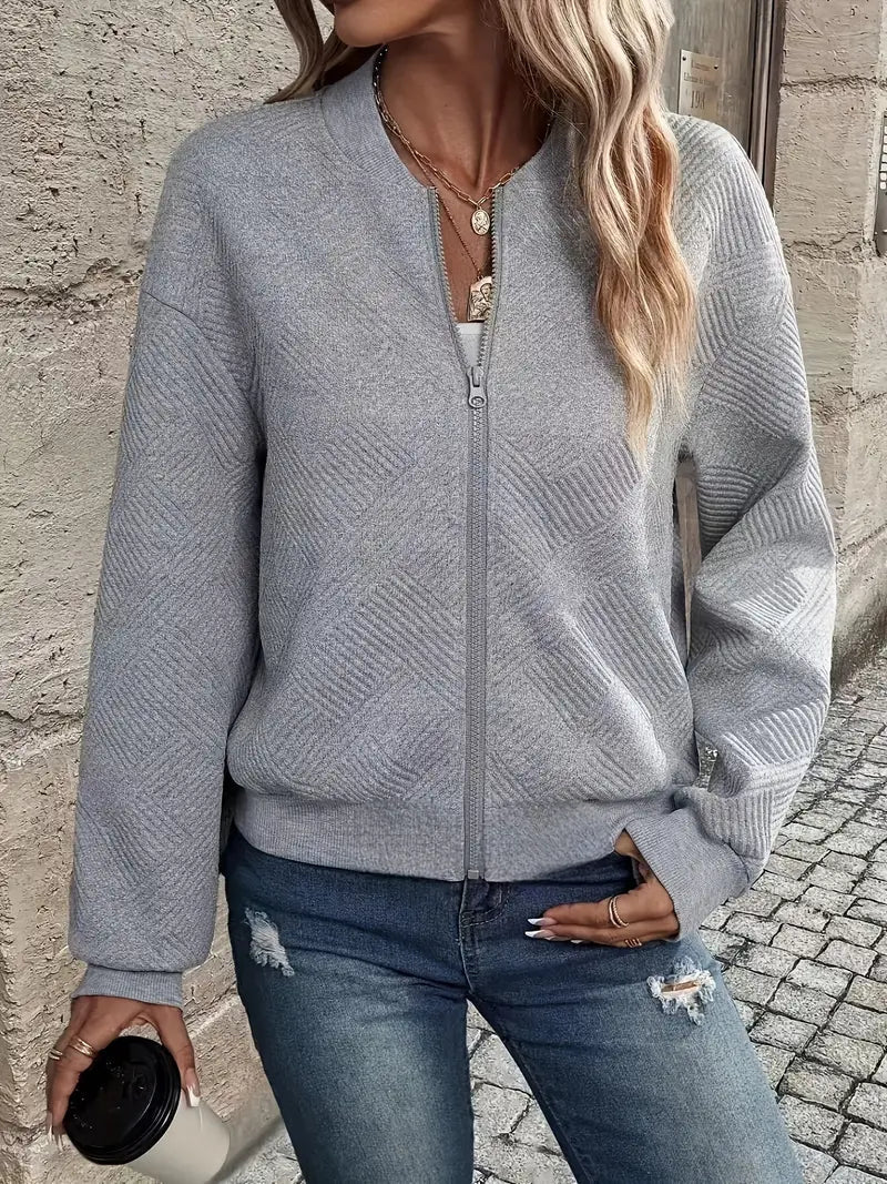 Women's Long Textured Zip-Up Cardigan – Casual Wear with Ribbed Hem and Long Sleeves 8