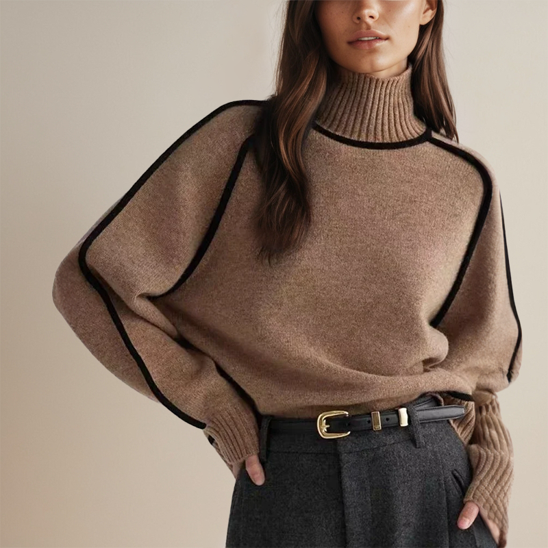 Women's Oversized Turtleneck Sweater – Relaxed Fit with Contrast Trim for Casual Wear 0