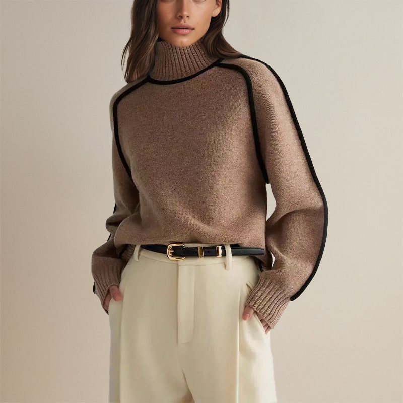 Women's Oversized Turtleneck Sweater – Relaxed Fit with Contrast Trim for Casual Wear 1