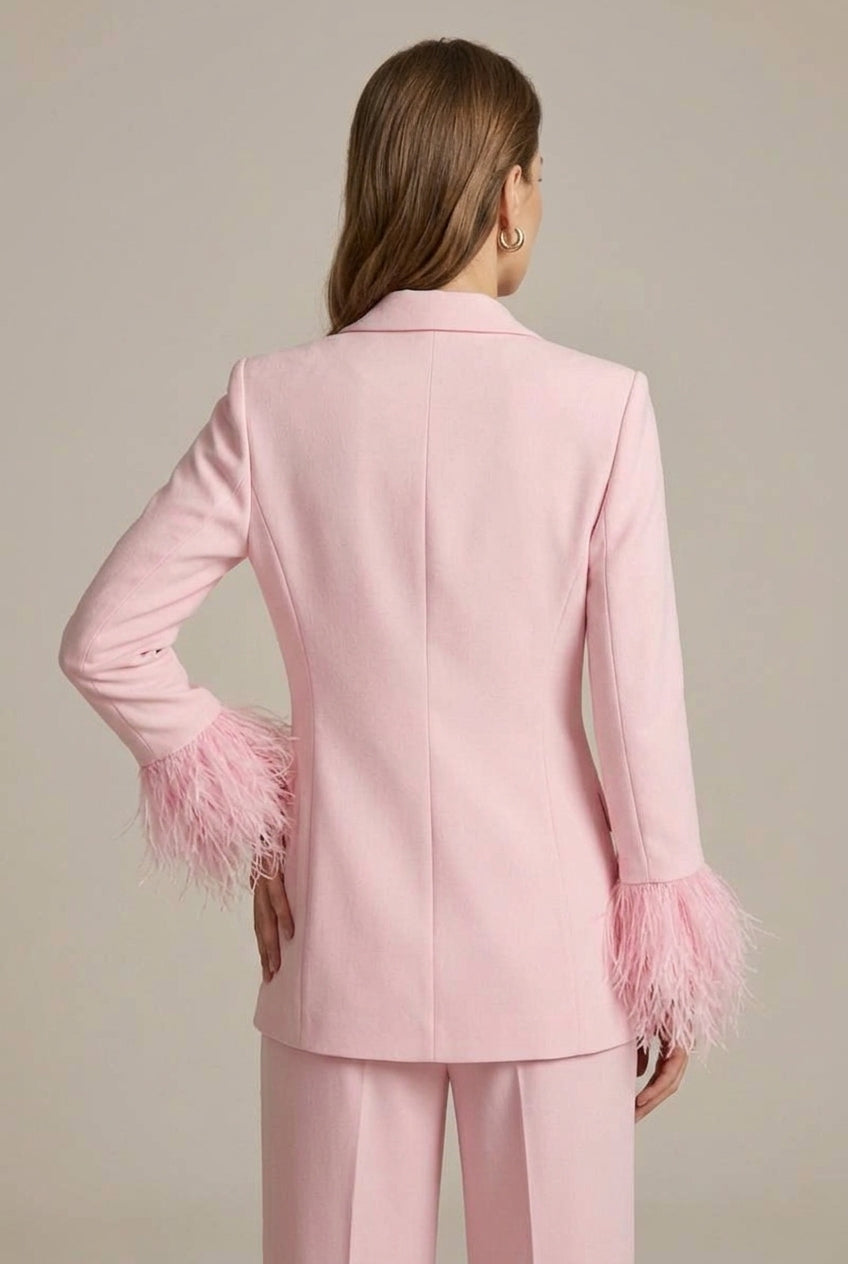 Women's Suit – Tailored Blazer with Feather Cuffs and Straight Leg Trousers for Work and Events 4