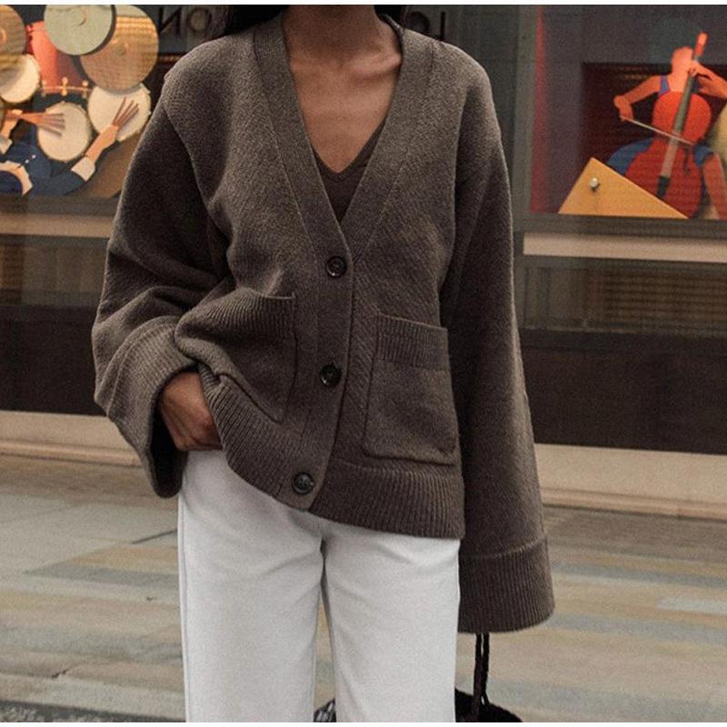 Women's V-Neck Black Cardigan – Relaxed Fit with Button Closure and Patch Pockets 0
