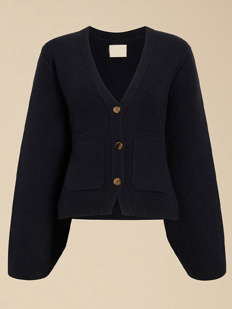 Women's V-Neck Black Cardigan – Relaxed Fit with Button Closure and Patch Pockets 8