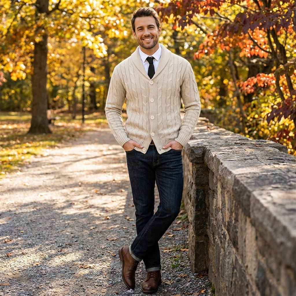 Men's Cable Knit Cardigan – Shawl Collar Sweater for Smart Casual Winter Layering - We are MFEO