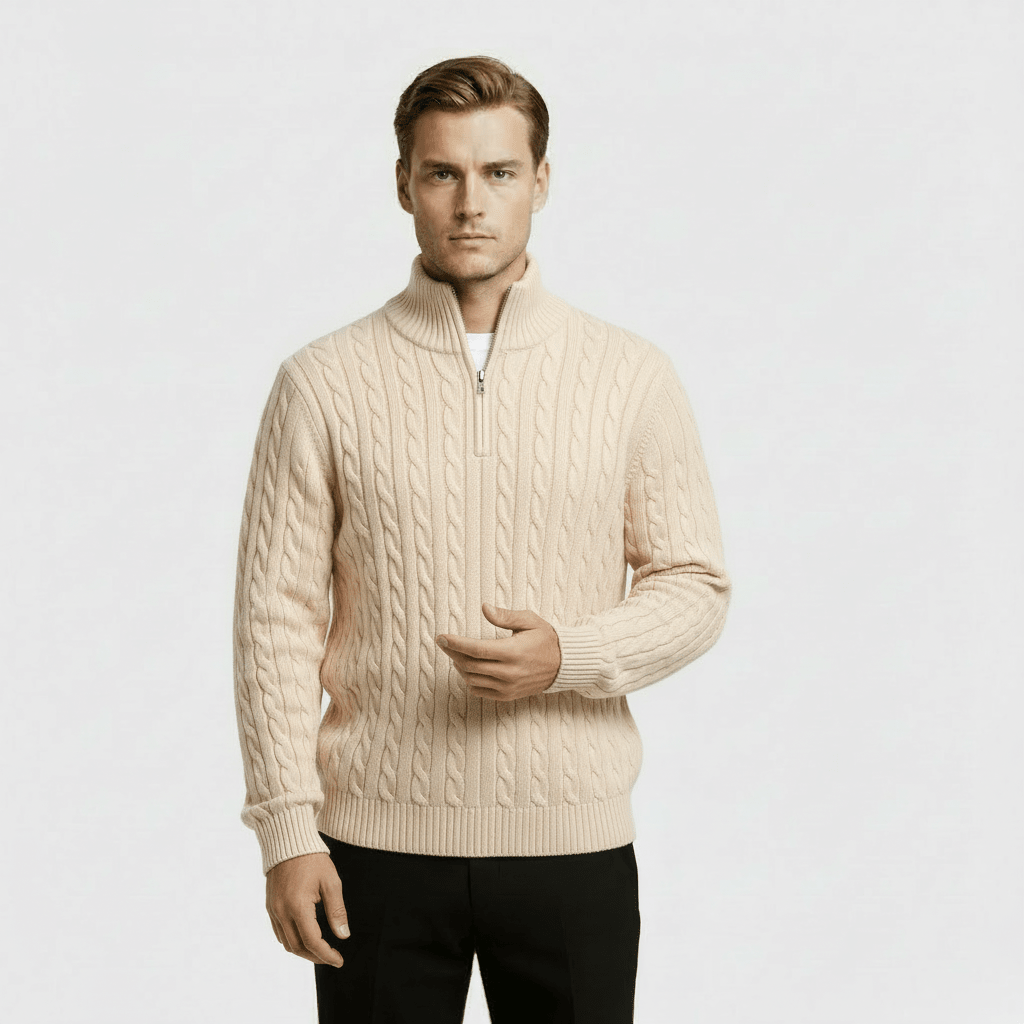 Men's Cable Knit Jumper – Quarter Zip Design with Stand Collar - We are MFEO