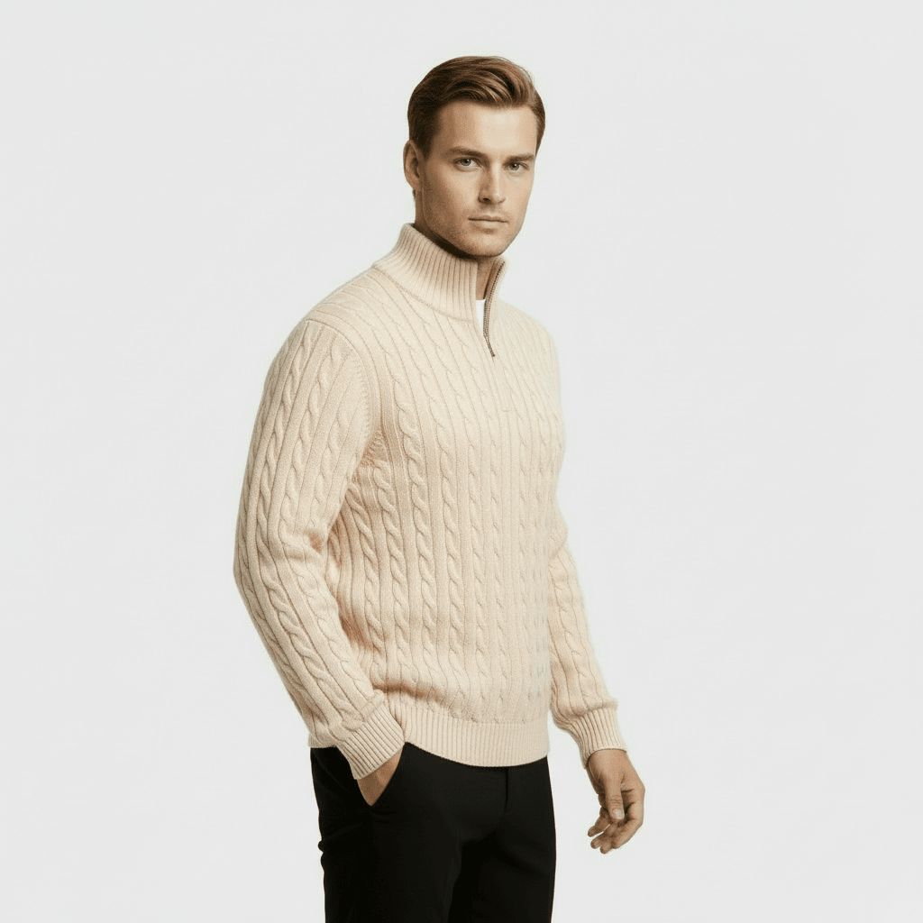 Men's Cable Knit Jumper – Quarter Zip Design with Stand Collar - We are MFEO
