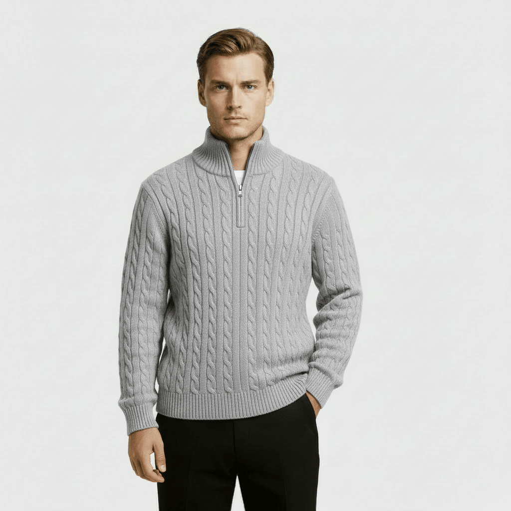 Men's Cable Knit Jumper – Quarter Zip Design with Stand Collar - We are MFEO