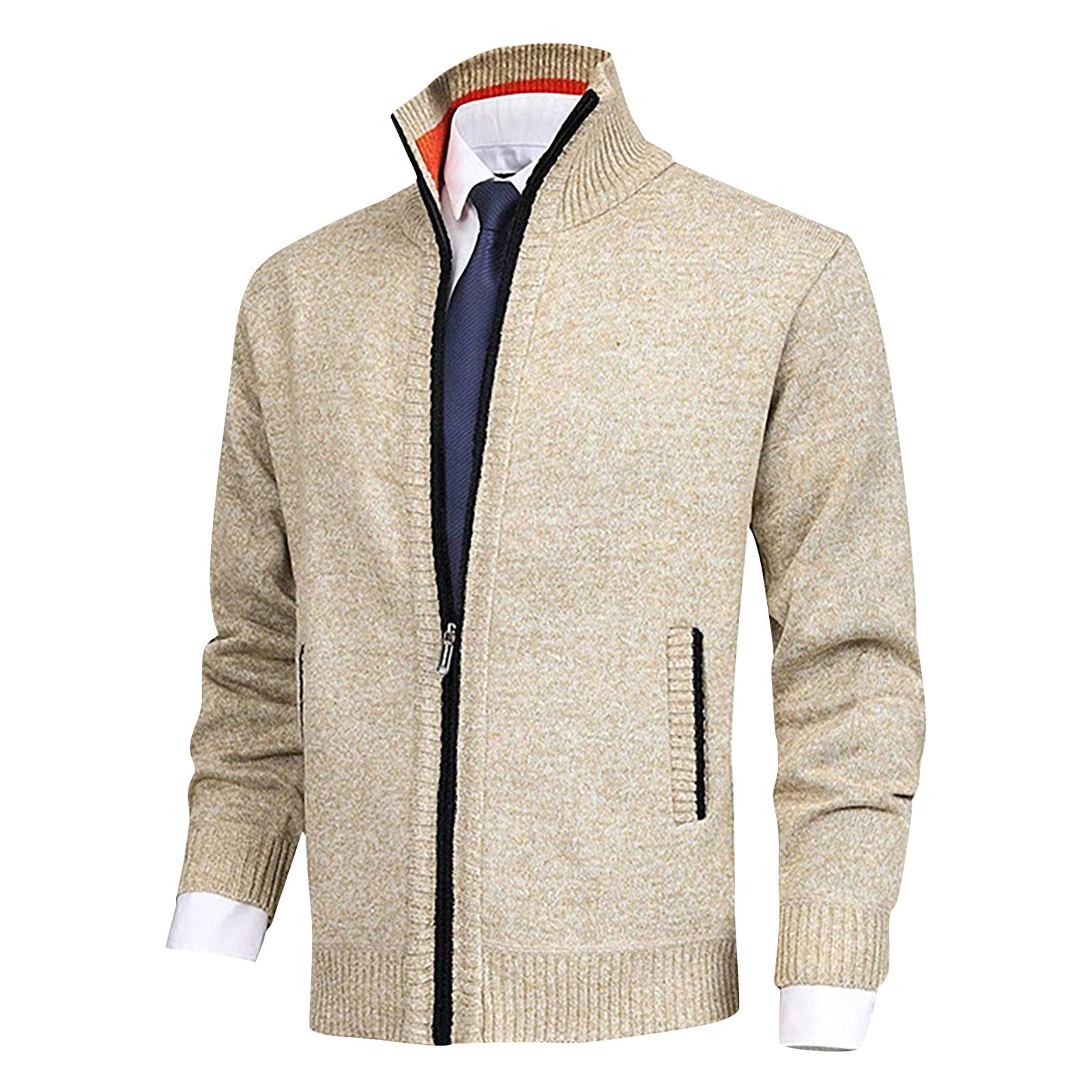 Men's Cardigan Sweater Zip - Up with Stand Collar – Ribbed Hem and Pockets for Casual Wear - We are MFEO