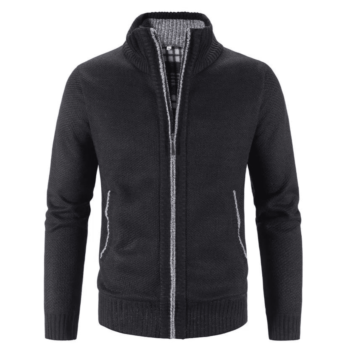 Men's Zip - Up Cardigan with Mock Neck – Knitted Texture and Contrast Trim - We are MFEO