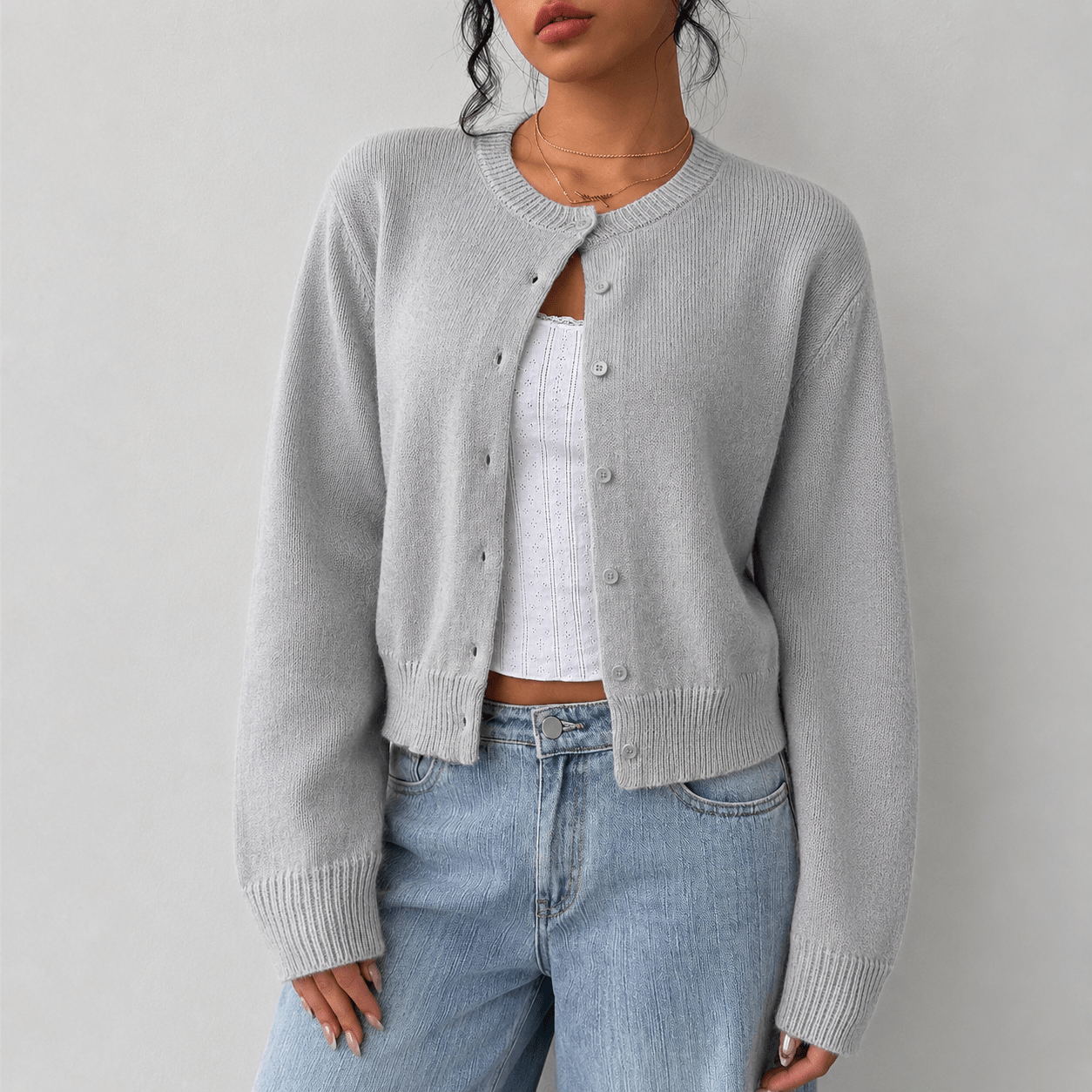 Women's Cropped Cardigan – Button - Up Knit with Ribbed Trim - We are MFEO