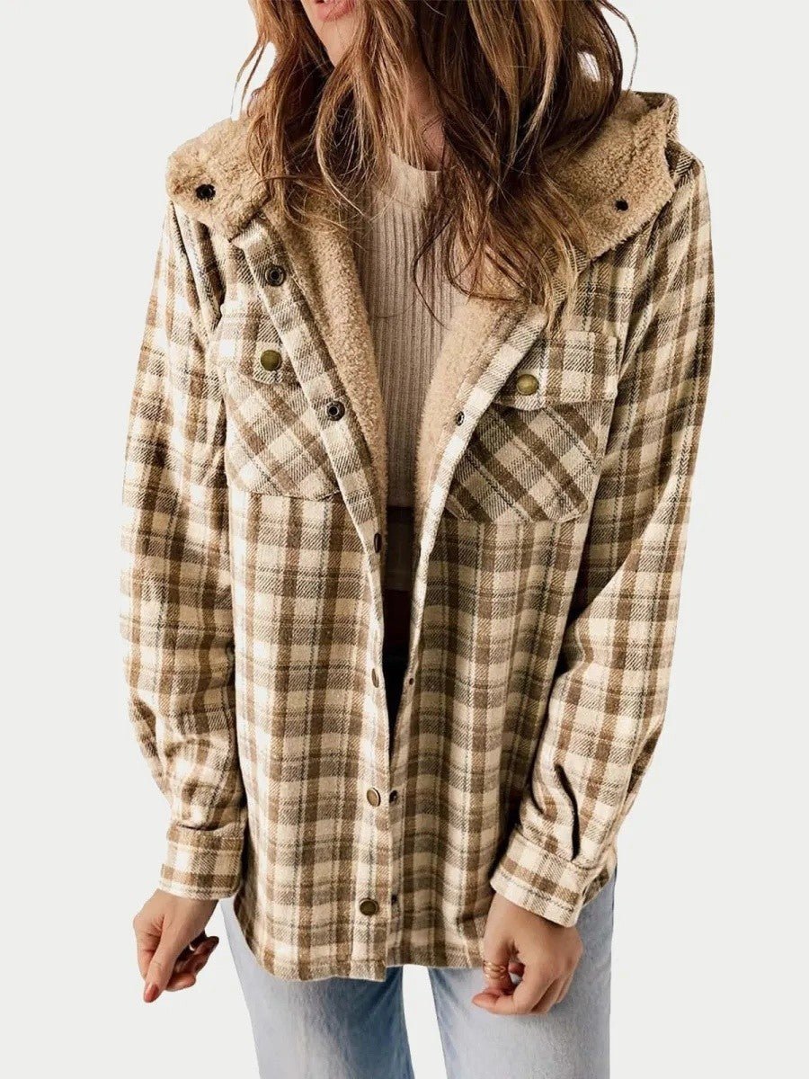 Women's Hooded Plaid Jacket – Cozy Design with Button Closure for Autumn - We are MFEO