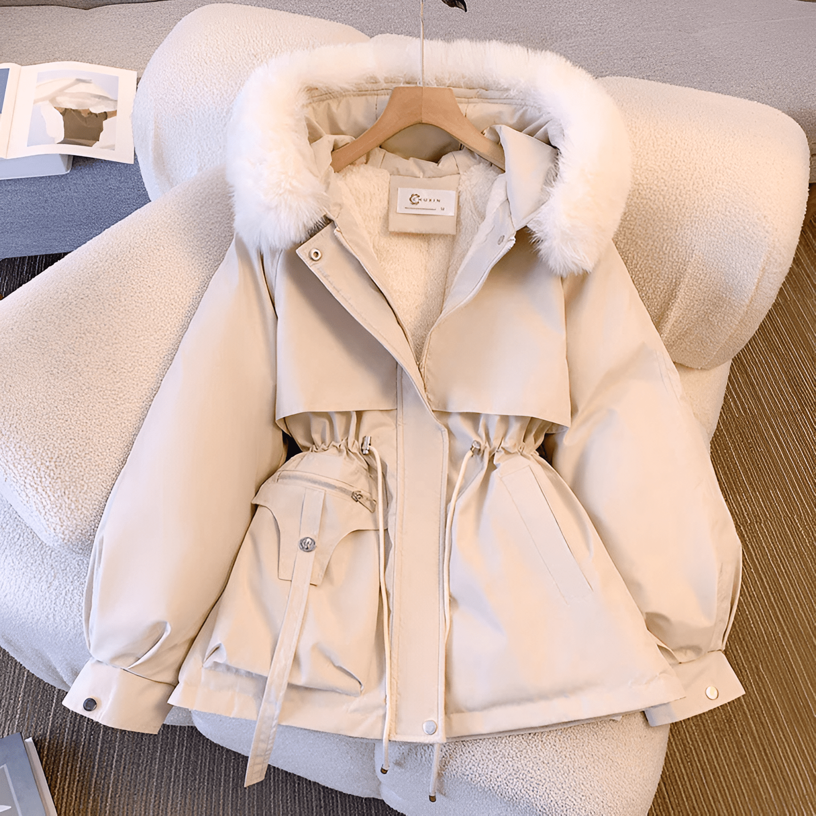 Women's Winter Coat with Faux Fur Collar – Casual Drawstring Waist for Chilly Days - We are MFEO