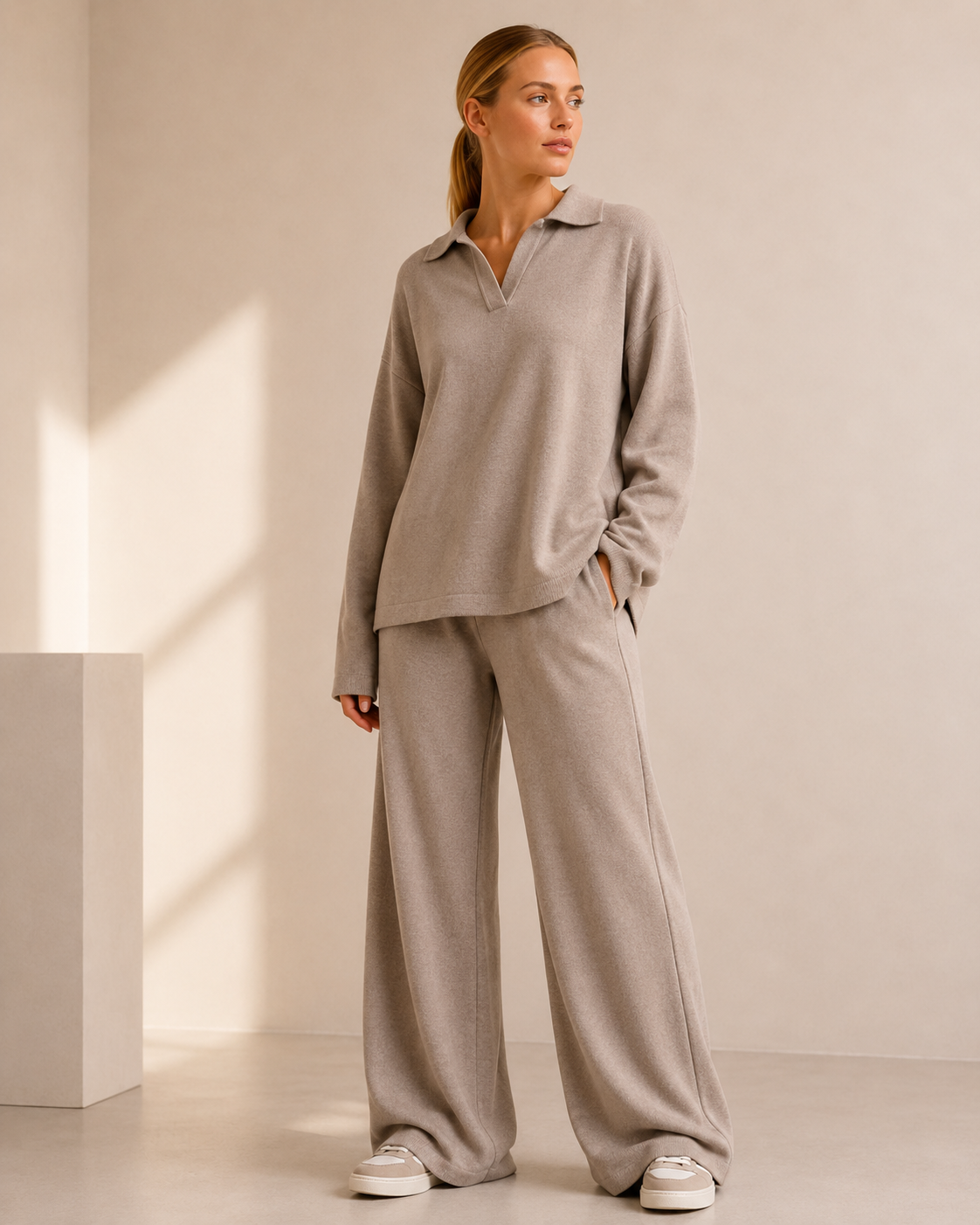Co Ord Set Women - Polo Neck Sweater with Wide Leg Pants for Casual Wear 0