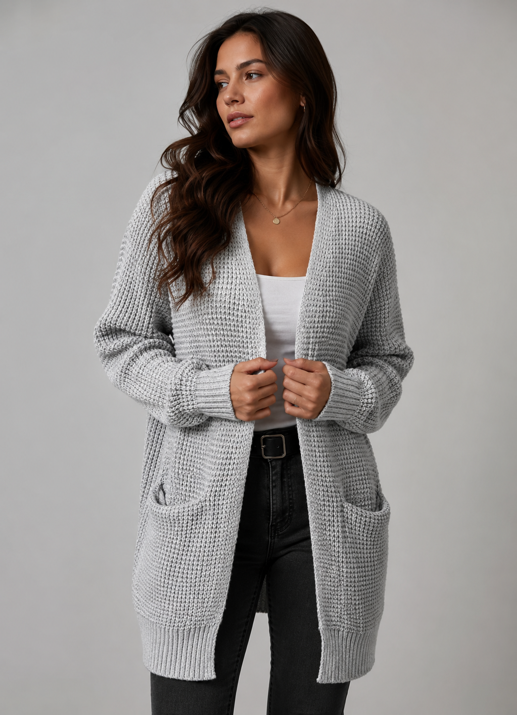 Long Black Cardigan for Women – Longline Open Front with Textured Knit and Pockets 0