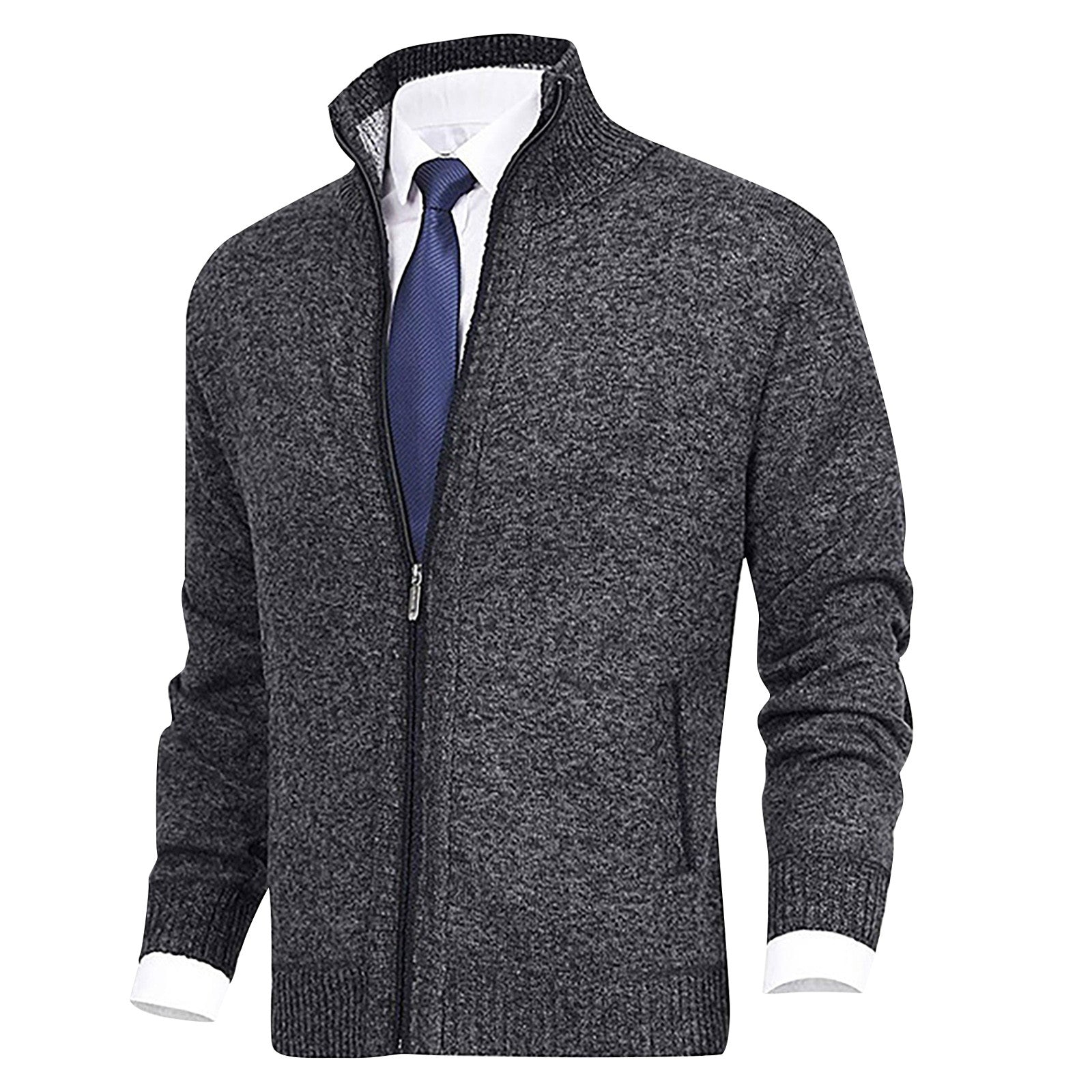 Men's Cardigan Sweater Zip-Up with Stand Collar – Ribbed Hem and Pockets for Casual Wear 2