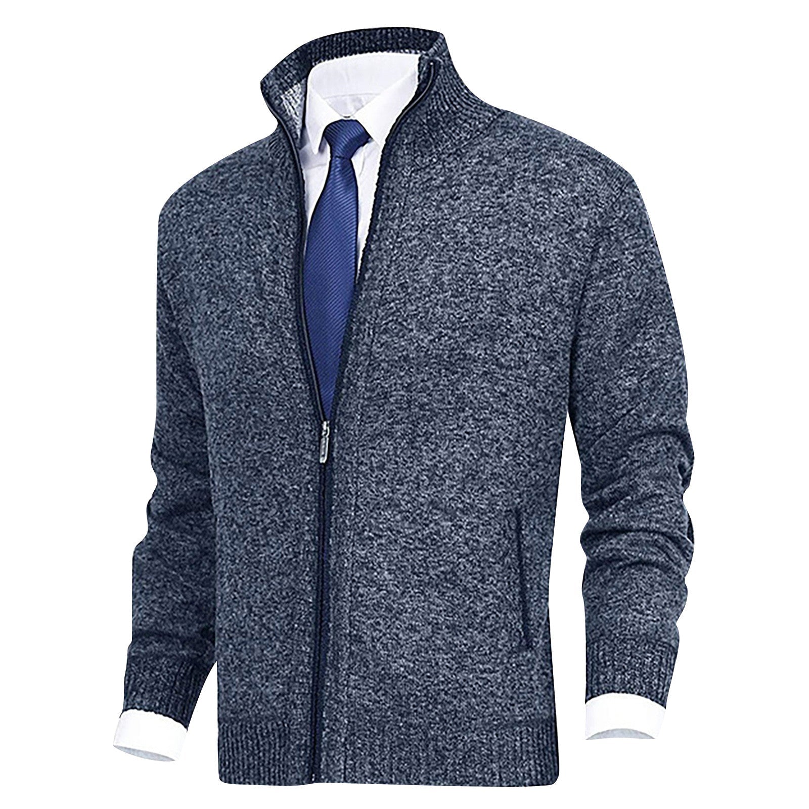Men's Cardigan Sweater Zip-Up with Stand Collar – Ribbed Hem and Pockets for Casual Wear 4