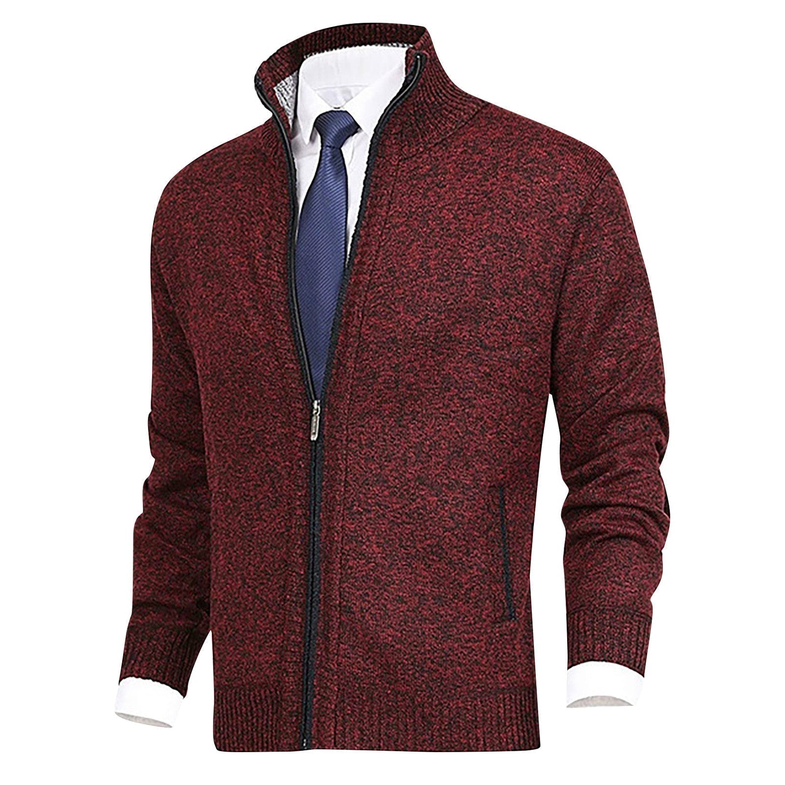 Men's Cardigan Sweater Zip-Up with Stand Collar – Ribbed Hem and Pockets for Casual Wear 5