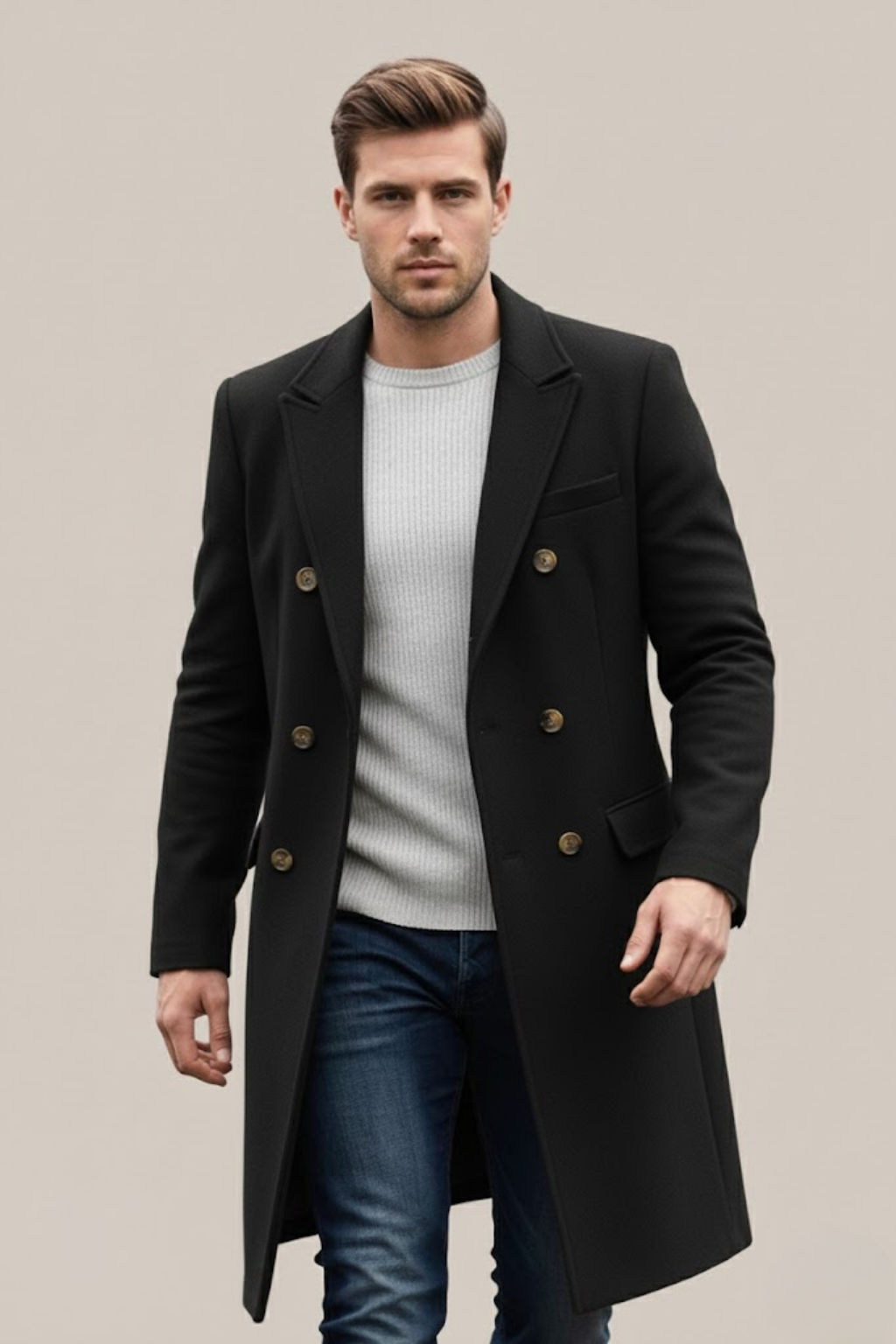 Men's Double-Breasted Long Coat – Tailored Fit with Structured Lapels for Smart Casual and Formal Wear 0