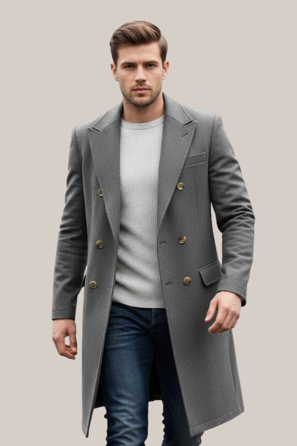 Men's Double-Breasted Long Coat – Tailored Fit with Structured Lapels for Smart Casual and Formal Wear 1