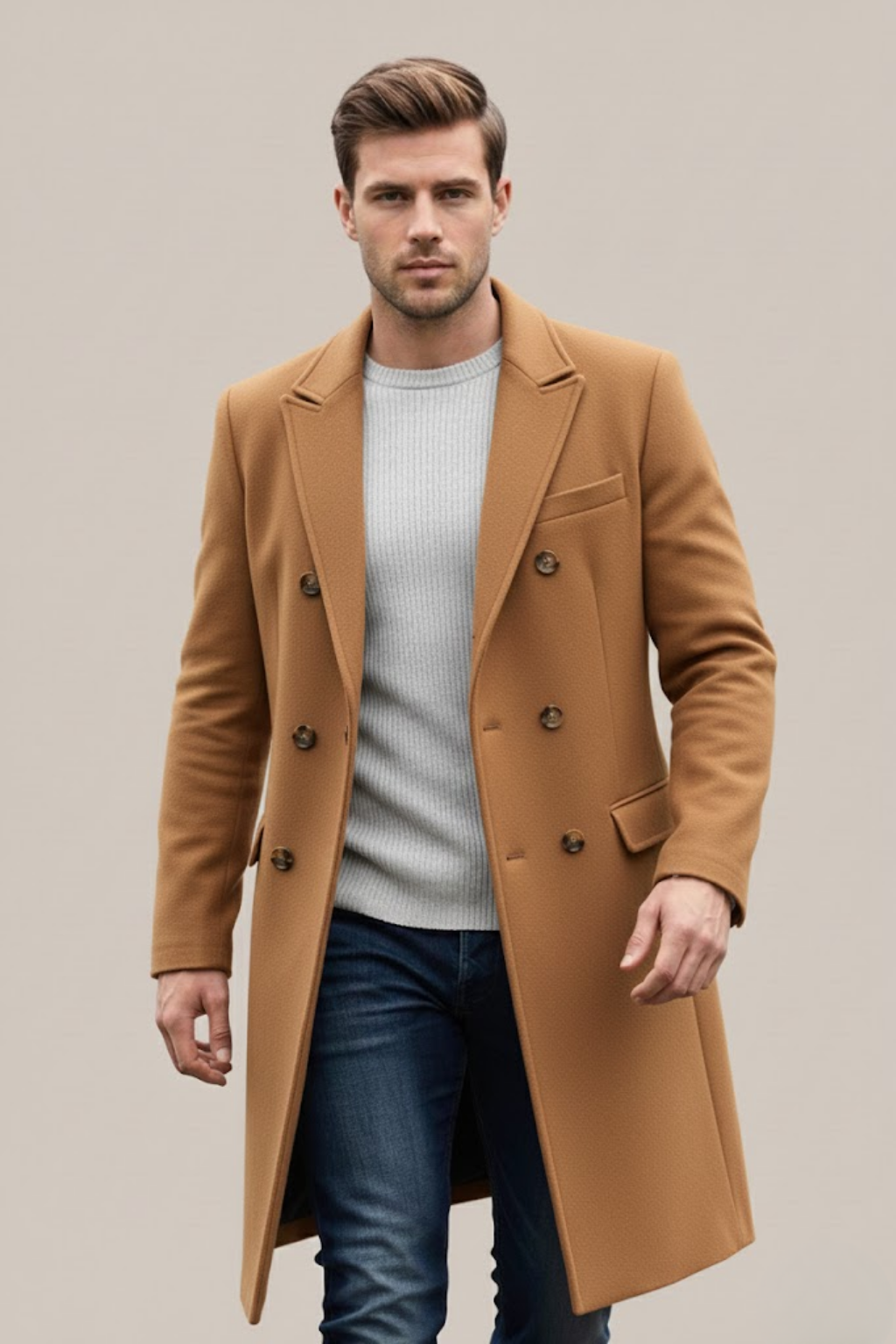 Men's Double-Breasted Long Coat – Tailored Fit with Structured Lapels for Smart Casual and Formal Wear 3