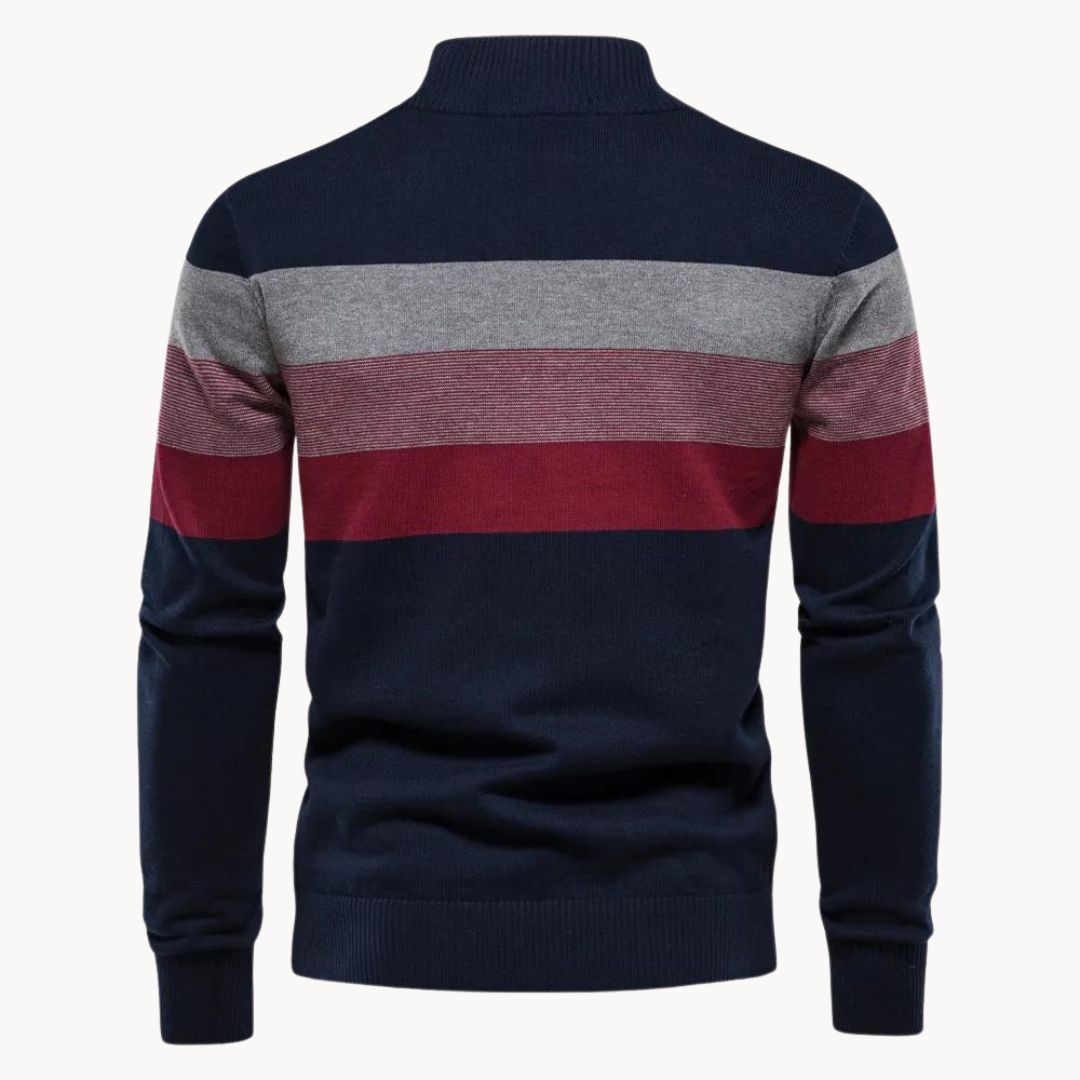 Men's Jumper with Quarter-Zip – Slim Fit Striped Knitwear for Autumn and Winter 1