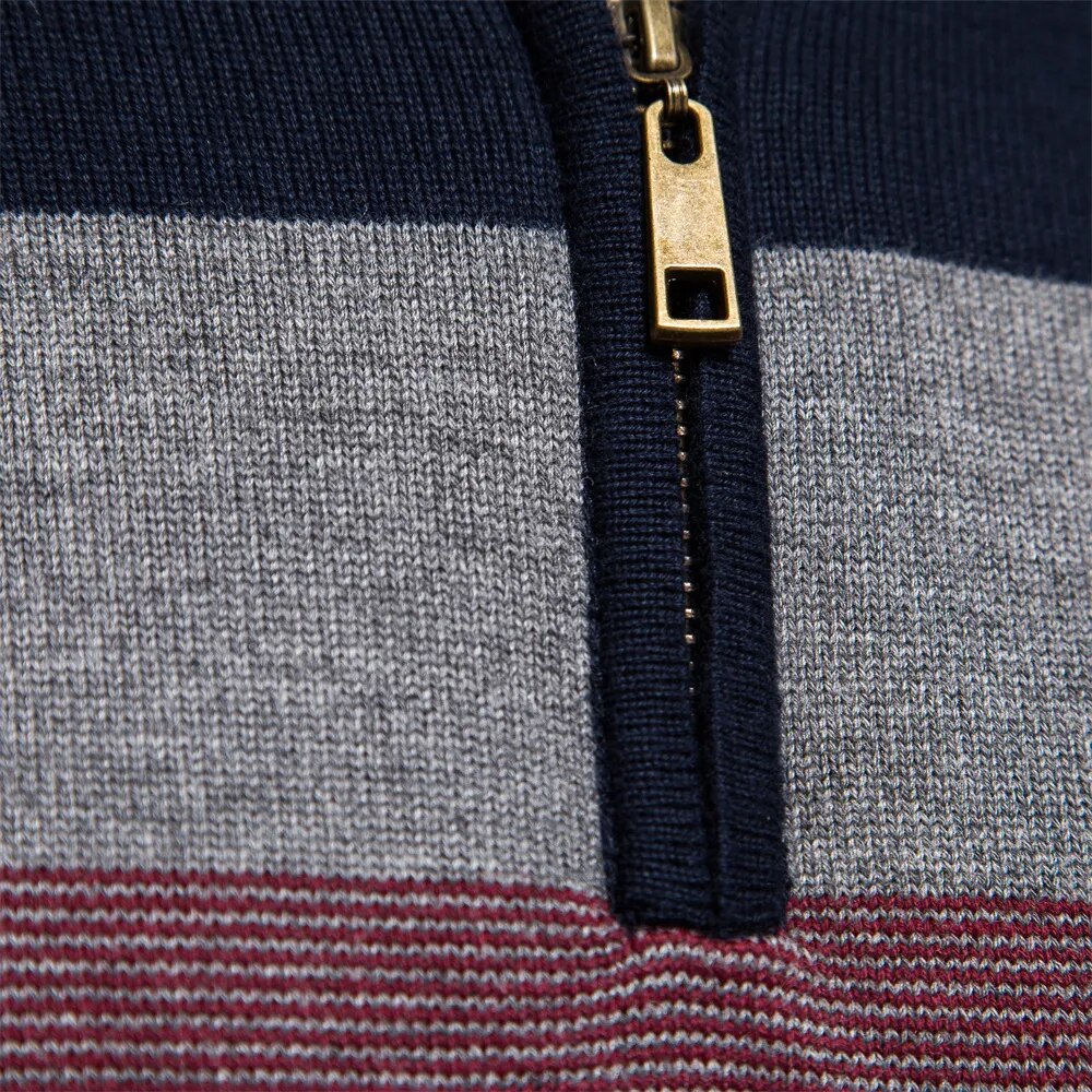 Men's Jumper with Quarter-Zip – Slim Fit Striped Knitwear for Autumn and Winter 2